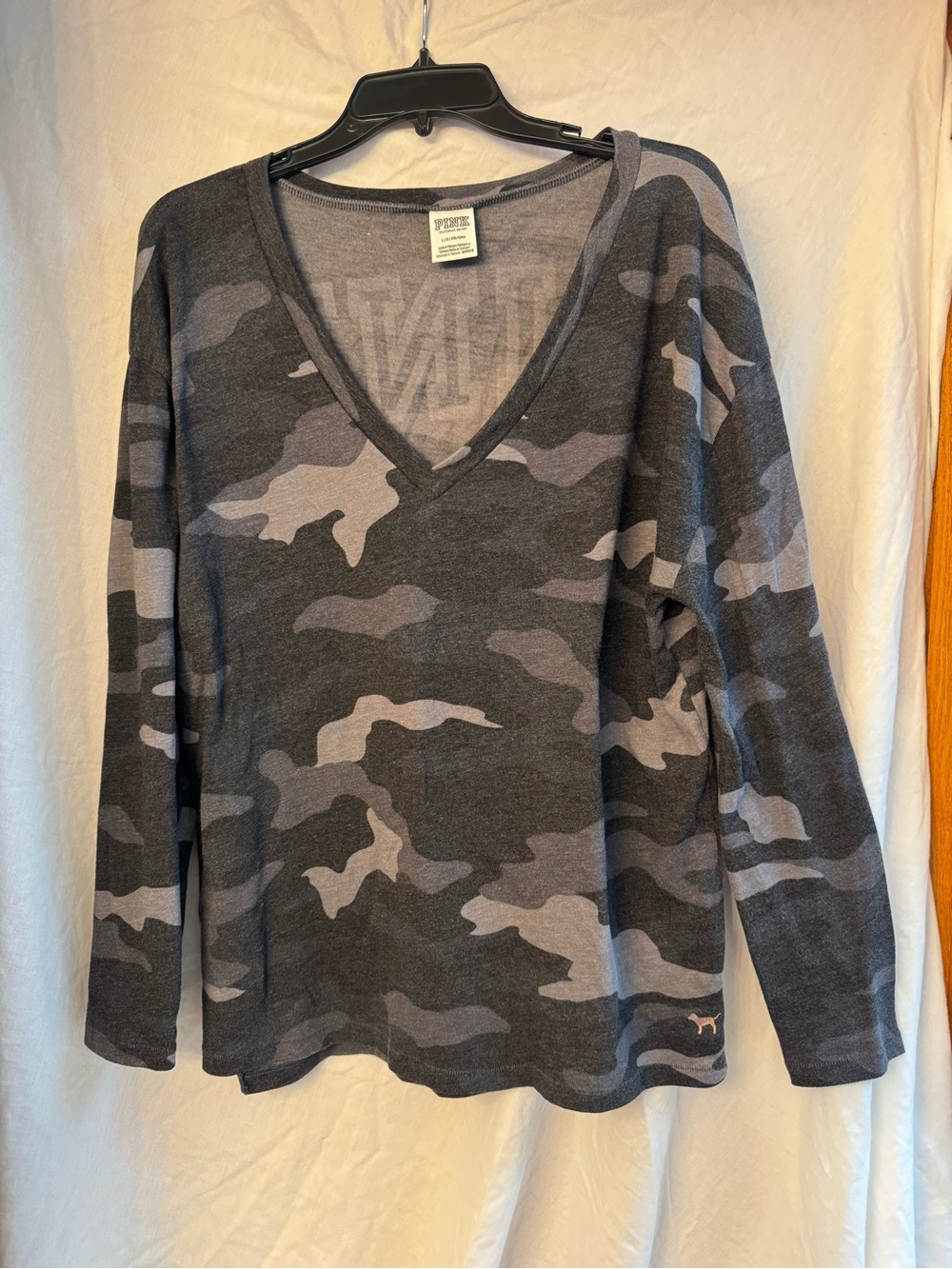 PINK Victoria's Secret Camo V-Neck Long Sleeve Top Shiny logo lettering on back
